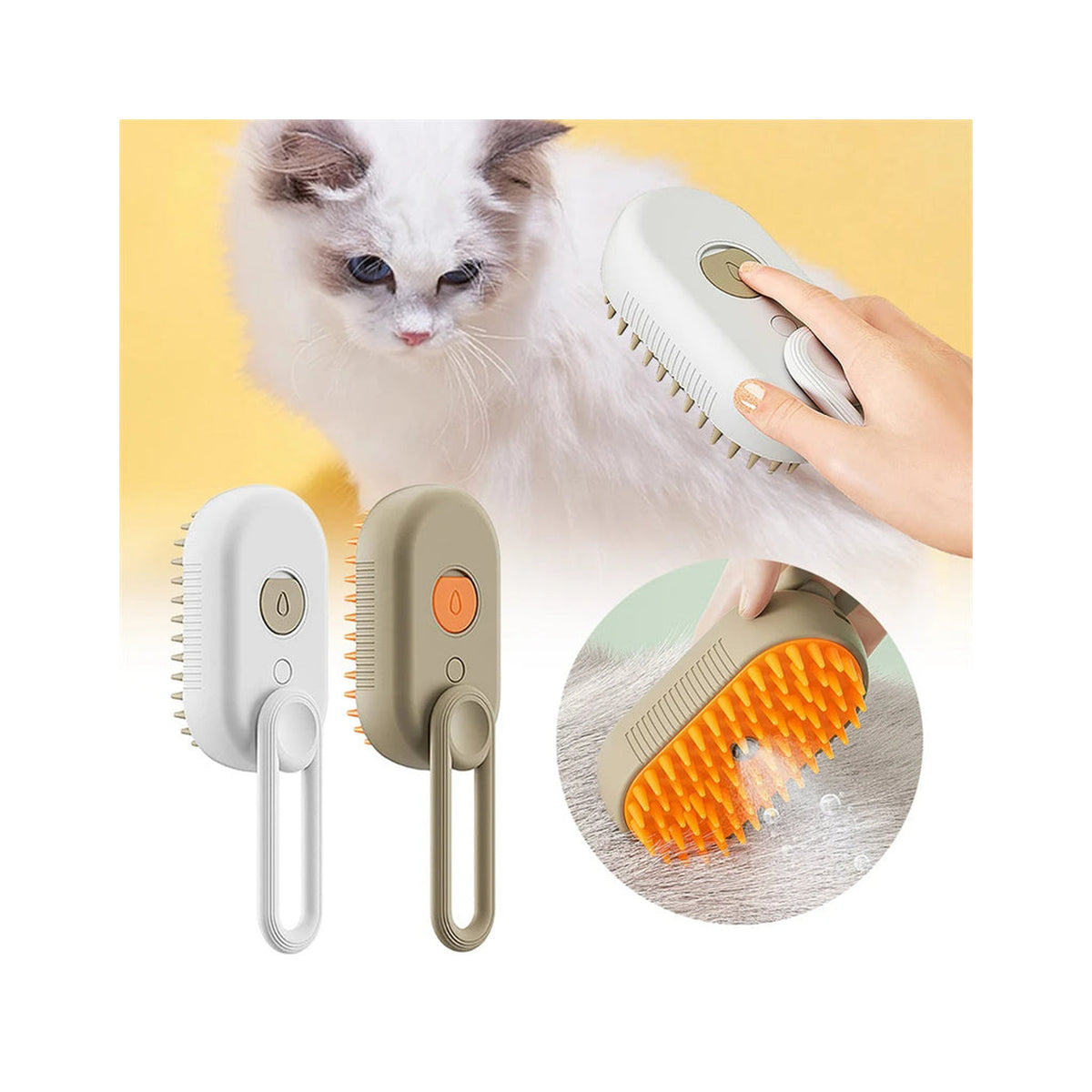 Collage of a fluffy white cat, a hand pressing a steam brush into its coat, white and khaki loop-handle brushes standing upright, and a close-up of orange bristles misting pet fur
