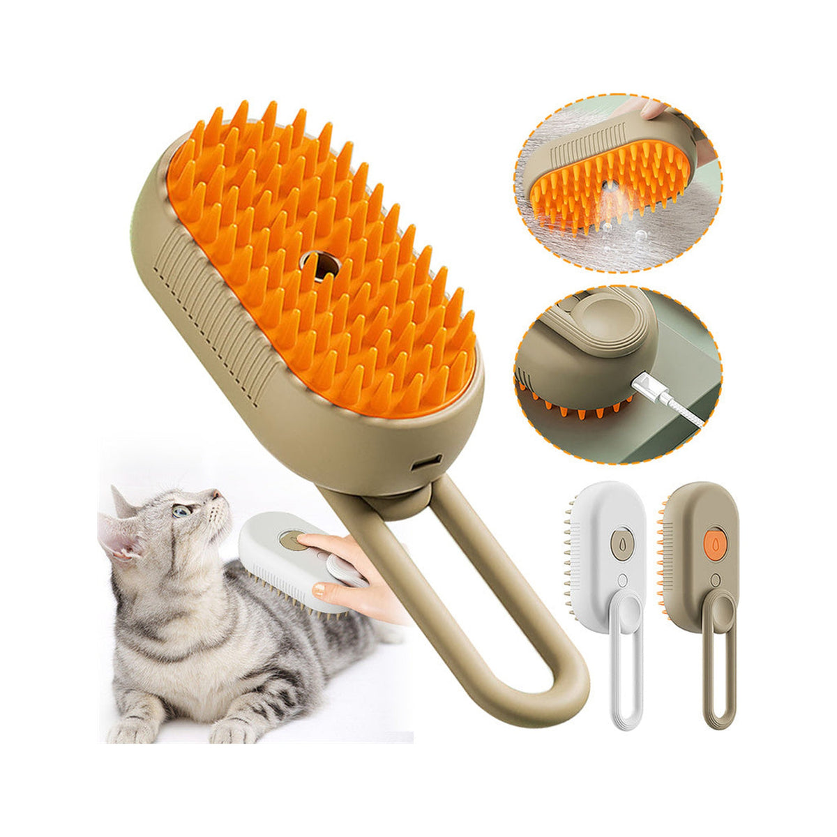 Collage of a khaki steam brush with insets showing misting spray and USB charging, a tabby cat being groomed, and the white and khaki colourways side by side