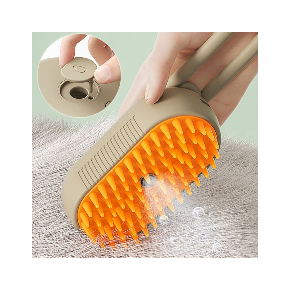 Khaki steam brush with orange bristles drawn through grey pet fur with mist at the nozzle, and a circular inset showing the water tank cap being opened