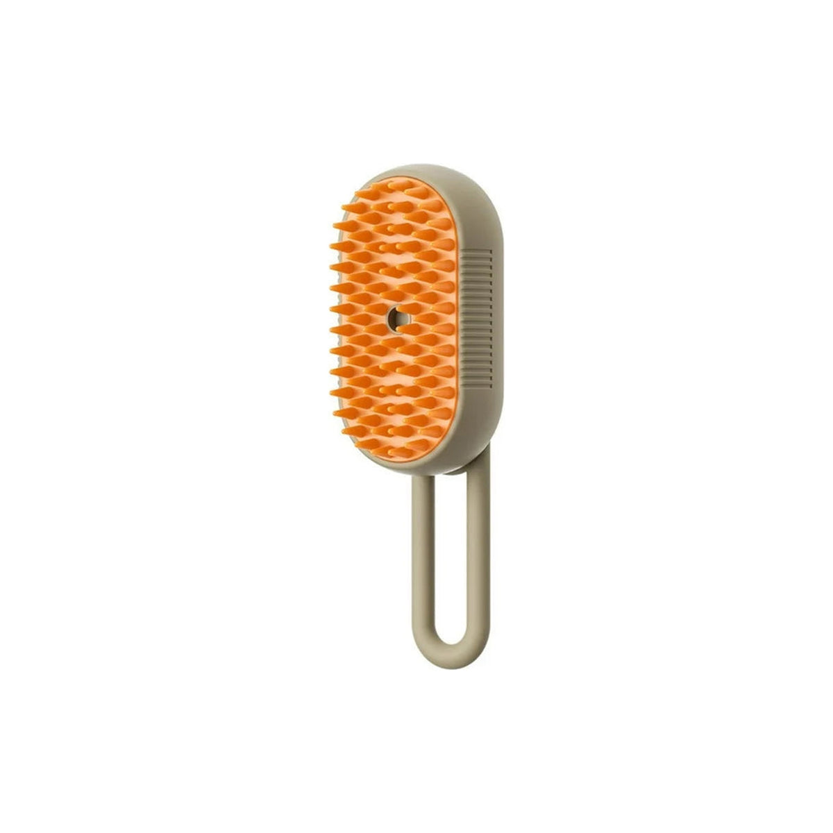 Khaki steam brush with orange bristles and a loop handle, shown from the bristle side on a plain white background