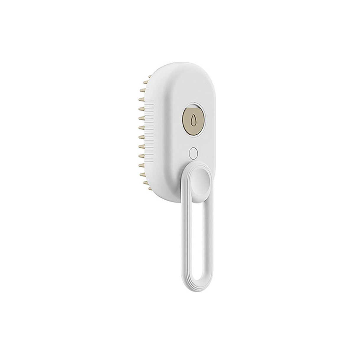 White steam brush with a loop handle shown in profile, revealing its cream bristle pad and the water-drop mist button