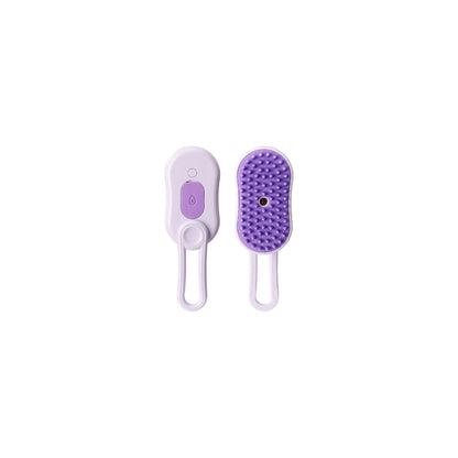 Front and back views of the purple steam brush, showing the water-drop mist button and the deep purple bristle pad