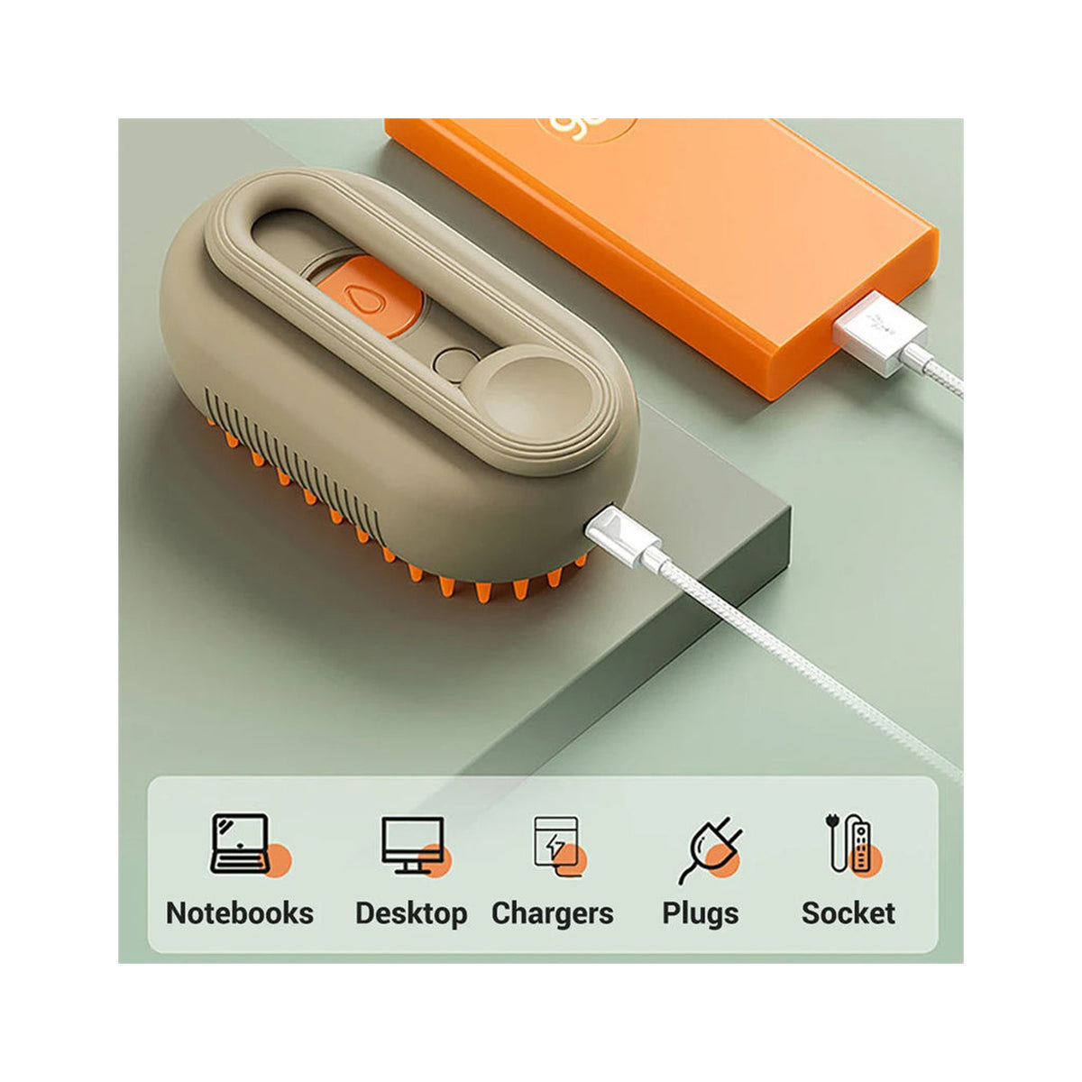 Khaki steam brush with orange bristles charging over a USB cable from an orange power bank, above an icon row of notebook, desktop, charger, plug and socket power sources