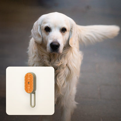 Photograph of a dog with the 3-in-1 Steam Grooming Brush for Cats and Dogs shown in an inset panel