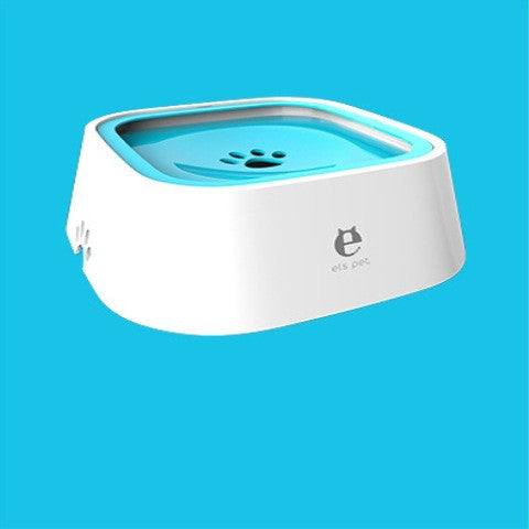 White water bowl with a bright blue inner plate and paw-shaped opening, angled on a plain white background