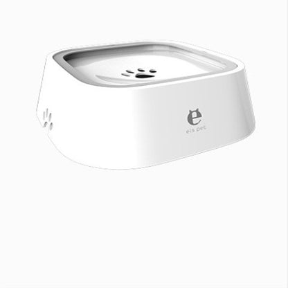 All-white water bowl with a white inner plate and paw-shaped opening, angled on a plain pale background