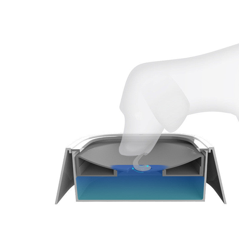Cut-away rendering of the bowl in cross-section, with a translucent dog muzzle reaching through the plate opening to the water below
