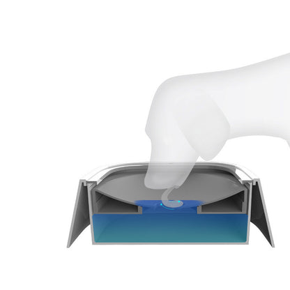 Cut-away rendering of the bowl in cross-section, with a translucent dog muzzle reaching through the plate opening to the water below