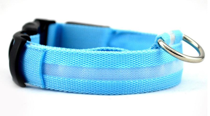 Light blue woven dog collar on white, black side-release buckle at left and silver-coloured D-ring at right, pale strip running along the centre of the band