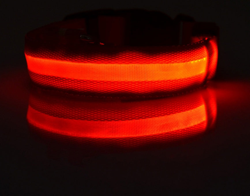 Collar in darkness with the band glowing red, reflected on the surface underneath