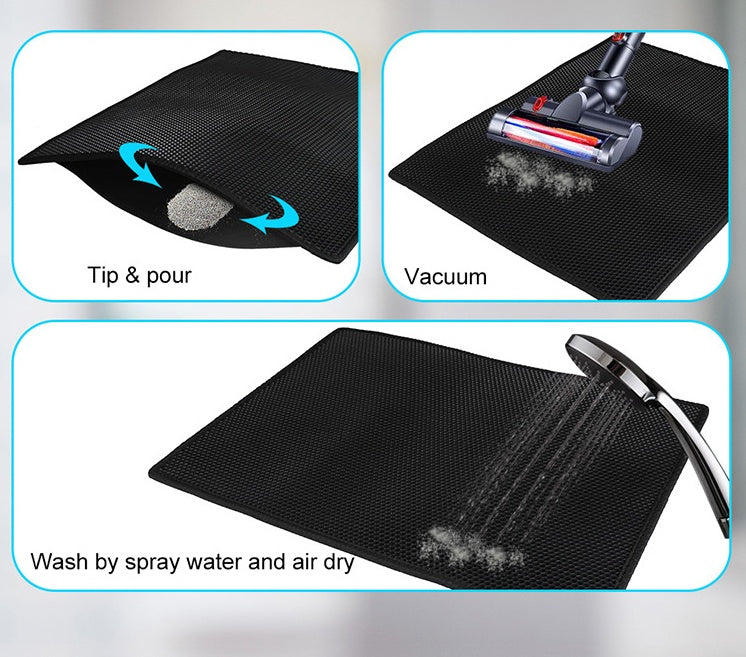 Three-panel care guide on a black honeycomb mat: one corner lifted to tip trapped litter out, a vacuum head running across the surface, and a shower head rinsing it down