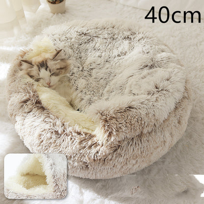 Brown-tipped plush round bed with the hood lying flat as an open nest and a cat asleep against the rim, with an inset showing the same bed with the hood raised