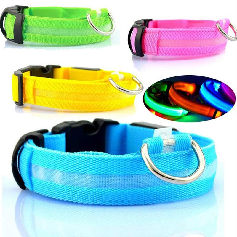 Composite of four unlit collars in green, pink, yellow and blue with a round inset showing lit collars