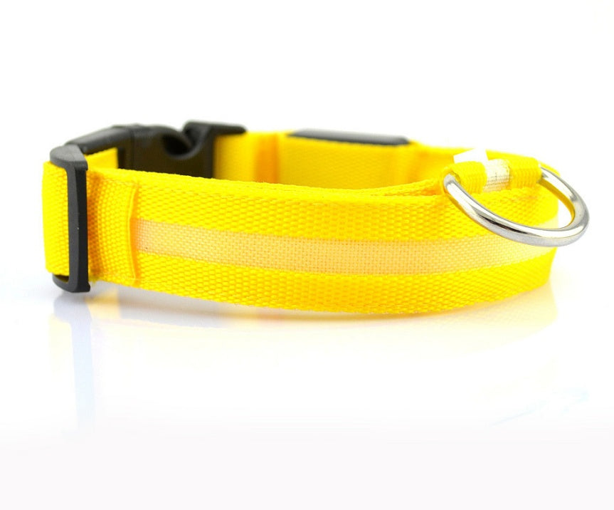 Side view of a yellow collar with a paler stripe, black buckle and slider, and a silver-coloured D-ring