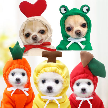 Collage of five head-and-shoulders shots: two tan short-coated dogs in the cream red-heart hood and the green frog hood, and three white fluffy dogs in carrot, banana and apple hoods