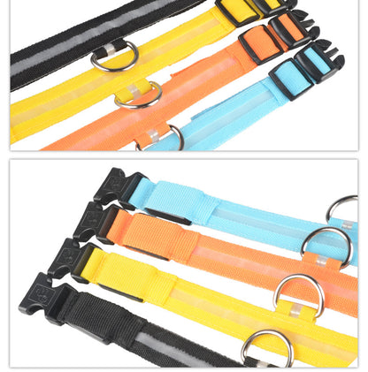 Two-panel close-up of black, yellow, orange and blue collar straps showing paw-embossed side-release buckles and silver-coloured D-rings