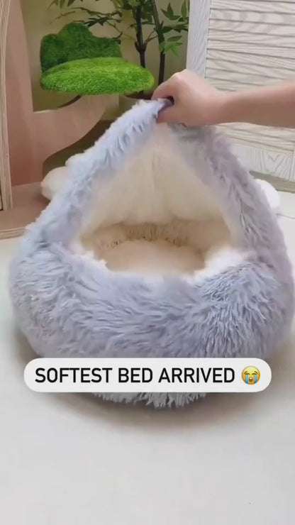 2-in-1 Hooded Round Plush Bed for Cats and Dogs