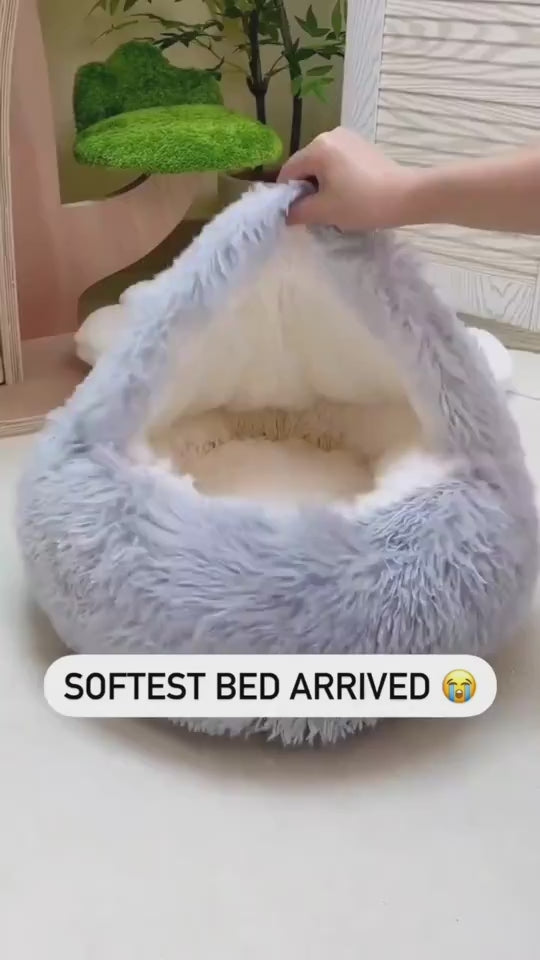 2-in-1 Hooded Round Plush Bed for Cats and Dogs