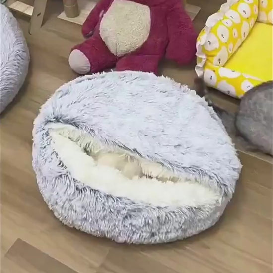 2-in-1 Hooded Round Plush Bed for Cats and Dogs