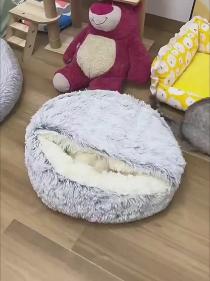 2-in-1 Hooded Round Plush Bed for Cats and Dogs