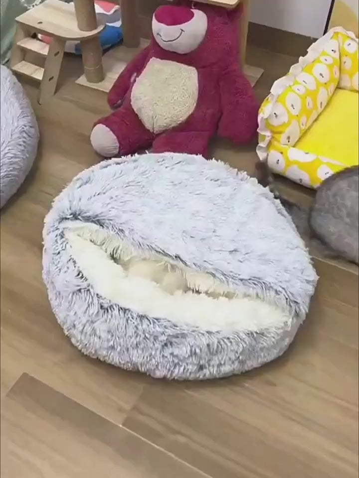 2-in-1 Hooded Round Plush Bed for Cats and Dogs