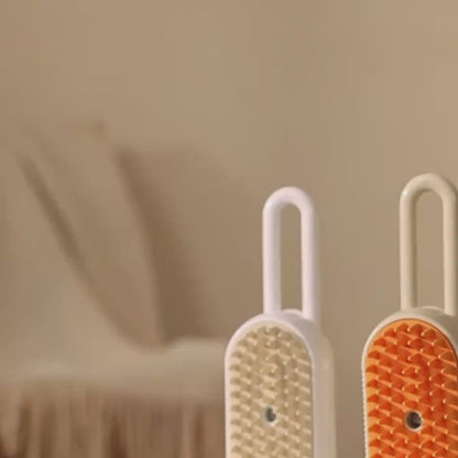 Both colourways of the steam brush side by side, close-ups of the bristle pad, the brush drawn through a white cat's coat, and the USB port being charged