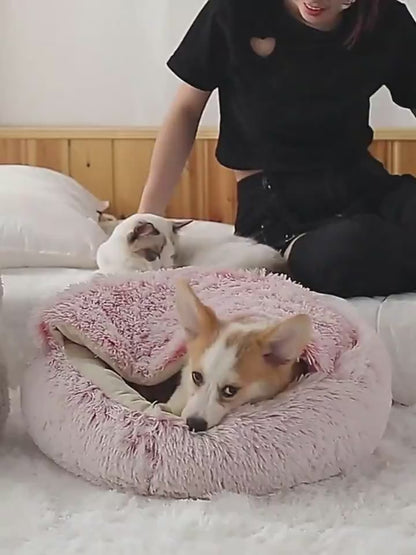 2-in-1 Hooded Round Plush Bed for Cats and Dogs