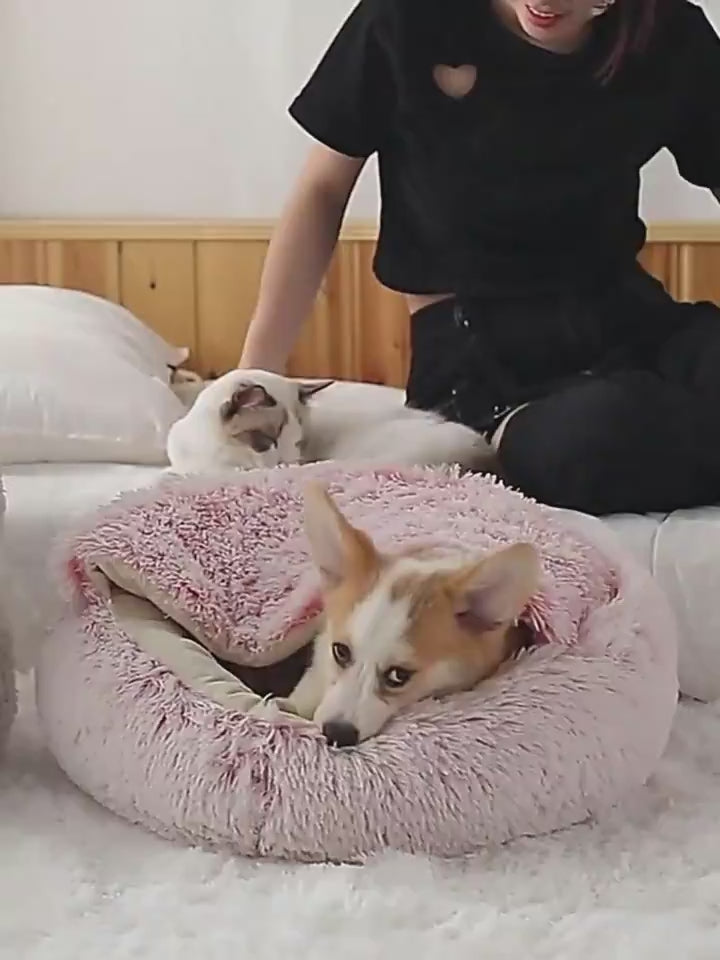 2-in-1 Hooded Round Plush Bed for Cats and Dogs